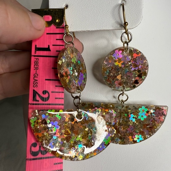 Geometric Holographic Confetti Gold Resin Earrings - Picture 5 of 6